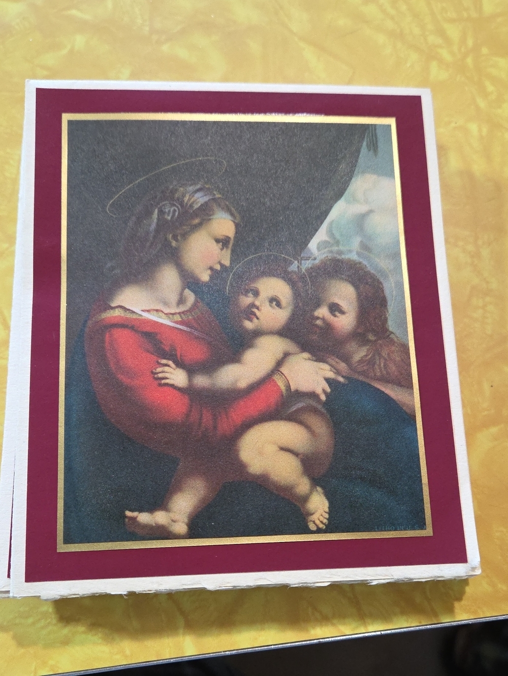 Vintage Religious Art Print Card with Madonna & Child in Burgundy Mat. Lot Of 7